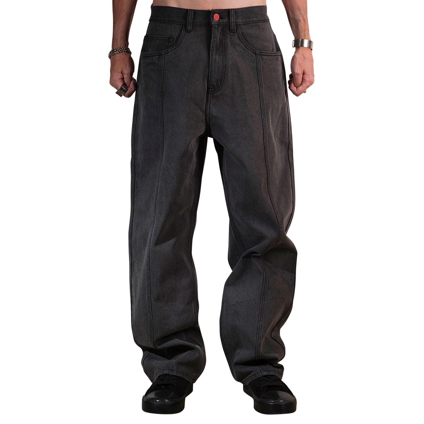 Super loose, Dark grey denim with a front cut