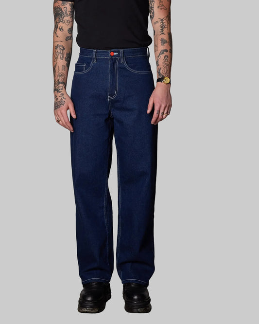 SUPER LOOSE, DARK BLUE DENIM WITH WHITE STITCHING